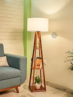 Crosscut Furniture Wooden Floor Lamp with Shelf (Cotton White). LED Bulb Included.