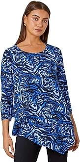 Roman Originals Women Hanky Hem Tunic Ladies Top Asymmetric Hemline Blouse Double Layer Mesh Overlay Jersey Stretchy Summer Spring Flattering 3/4 Sleeve Smart Casual Work