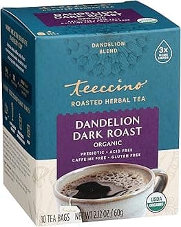 Teeccino Dandelion Herbal Tea - Dandelion Dark Roast Tea - 10 Tea Bags, Caffeine-Free, Roasted Herbal Tea with Prebiotics, 3x More Herbs than Regular TeaBags, Gluten Free