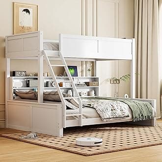 Twin XL Over Queen Bunk Bed with Storage Shelves, Solid Wood Queen Bunk Bed with Storage Cabinets and USB Ports for Kids Teens Adults, Safety Guardrail, No Box Spring Needed, Antique White