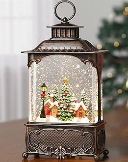 Christmas Snow Globe Lantern with Music Timer Swirling Glitter, Lighted Christmas Decorations Indoor Light Up Musical Lantern Holiday Decor Gift, Forest House Scene, USB or Battery Operated