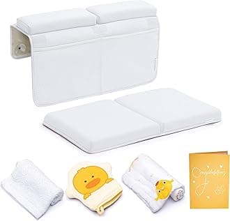 Bath Kneeler and Elbow Rest Pad, Extra Thick Baby Bath Kneeling Pad and Elbow Pad for Bathtub. Bath Tub Elbow Pad with Infant Toy and Baby Accessories Organizer, Off White Color
