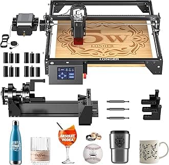 LONGER Laser Engraver Ray5 5000mW Engraver Machine with Air Assist Kit DIY CNC Laser Cutter Tool for Metal Glass Wood Working Area 15.7 "x15.7" with 4-in-1 Rotary Roller Kit