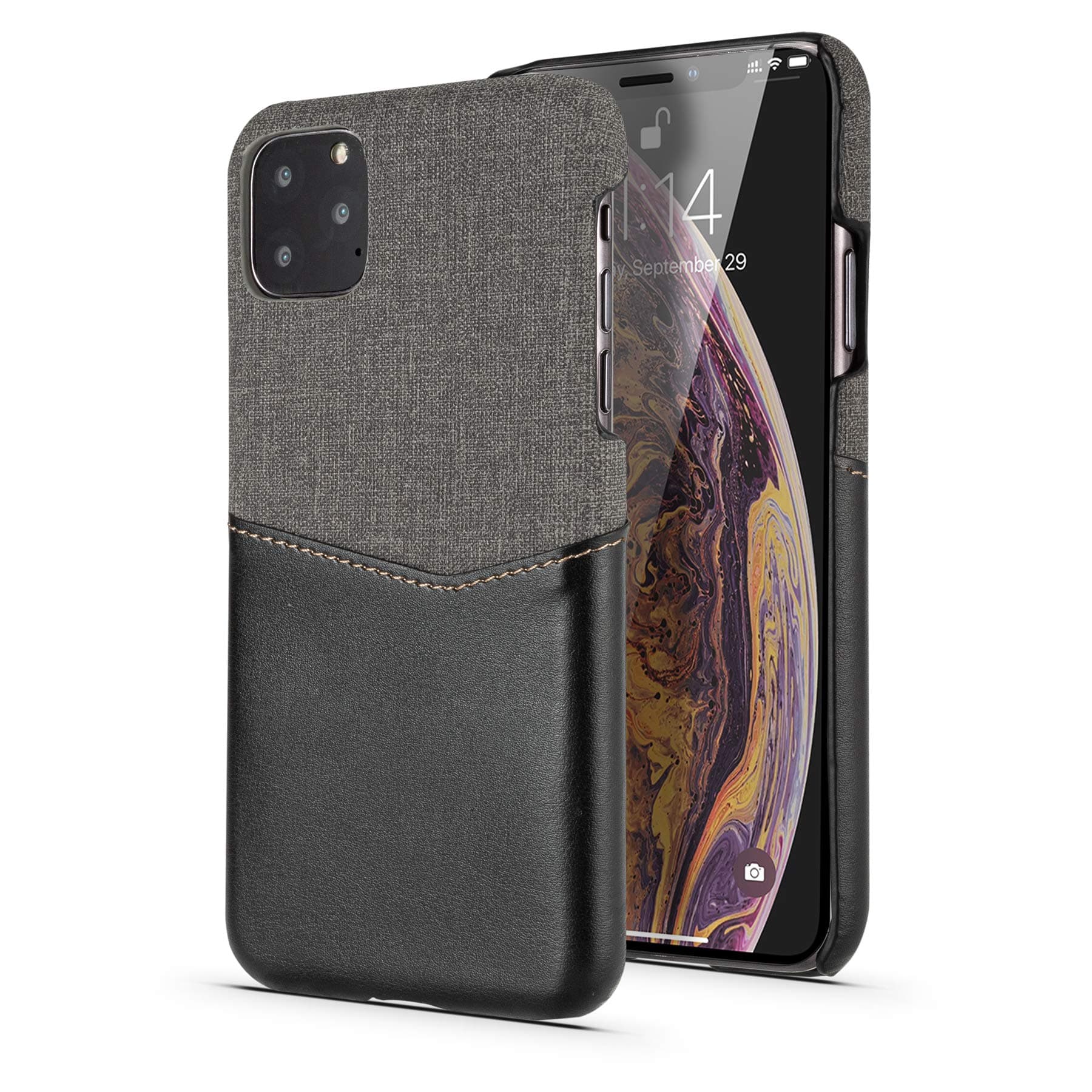 Lnobern for iPhone 11 Pro Max Case,Splicing Cloth Pattern Premium Leather Back Cover with Card Slot Case for iPhone 11 Pro Max (Black, for iPhone 11 Pro Max 6.5 inch)