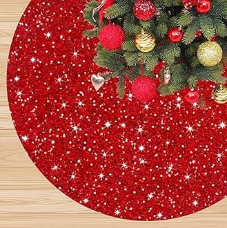Red Christmas Tree Skirt for TableTop Tree 21 Inches Xmas Sequin Tree Skirt Cover Classic Velvet Tree Mat for Pencil Trees Sparkly Glitter Tree Skirt Ring for Merry Christmas Tree Decorations