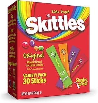 Skittles Singles To Go Variety Pack, Powdered Drink Mix, Zero Sugar, Low Calorie, Includes 4 Flavors: Green Apple, Strawberry, Grape, Orange, 1 Box (30 Single Servings)