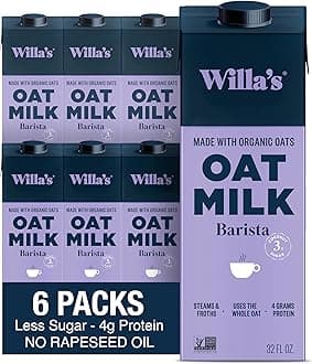 Willa's Organic Barista Oat Milk – Barista Blend Unsweetened Oatmilk and Creamer, Low Sugar, Non-GMO, Shelf Stable, Non-Dairy Milk, Made from Whole Grain Oats, No Oil, No Gums, 32oz, Pack of 6