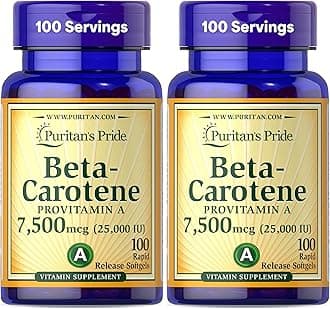 Puritan's Pride Beta Carotene Provitamin A 7,500mcg (25,000 IU), Vitamin Supplement for Immune System, Antioxidant and Eye Health Support, 100 Day Supply, 100 Rapid Release Softgels (Pack of 2)
