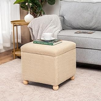 Adeco 17.3" Modern Oatmeal Teddy Velvet Storage Ottoman, Upholstered Cube Foot Stool with Hinged Lid, Round Solid Wood Legs, Versatile Vanity Seat for Living Room, Bedroom