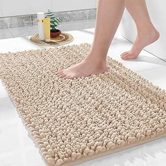 Yimobra Bathroom Rug Mat, 24'' x 17'', Luxury Chenille Shaggy Bath Rugs, Extra Soft & Thick, Absorbent Water, Non-Slip, Machine Washable, Bath Mats for Bath Floor,Tub and Shower, Beige