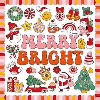 Groovy Christmas Bulletin Board Decoration Set Retro Merry Christmas Borders Cutouts for Xmas Holiday Party School Classroom Door Welcome Bulletin Board Craft Home Wall(Merry & Bright)