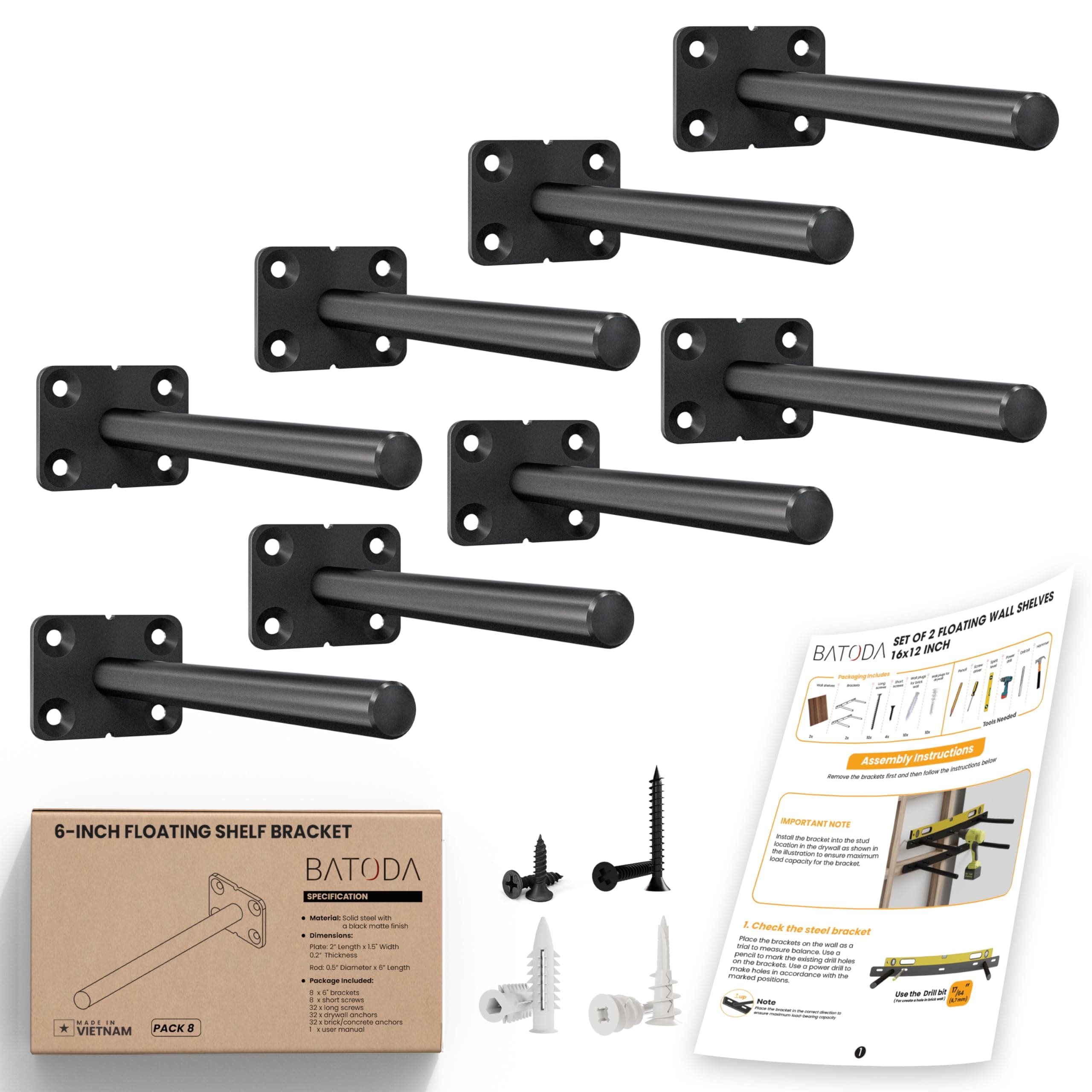 Floating Shelf Bracket (Solid Steel, Galvanized)- Blind Shelf Supports - Hidden Brackets for Floating Wood Shelves - Concealed Blind Support Bracket for any type of shelf - 2 Brackets, Screws Included