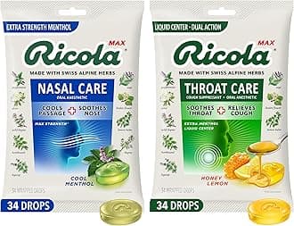 Ricola Max Cool Menthol Nasal Care 34 Count Max Honey Lemon Throat Care 34 Count Cough Suppressant Drops Bundles