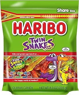HARIBO Gummi Candy, Twin Snakes Sweet & Sour Gummy Candy, 8.3 Ounce Resealable Share Size Stand Up Bag, Soft & Chewy Snacks, Assorted Fruity Flavors