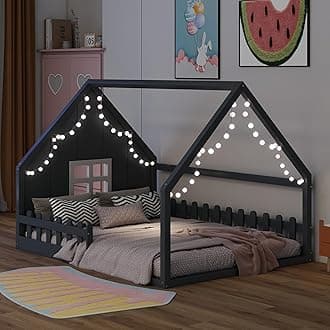 Full Size House Bed for Kids, Wood Montessori Floor Bed with LED Light Toddler Floorbed with Fence and Window, Toddler Bedframe for Girls Boys, Grey