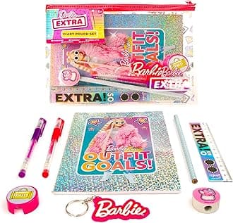 Barbie Extra Diary Pouch Set | Stationery Set for Girls | Includes Notebook, Glitter Gel Pens, Mini Ruler & Keyring | Cute Accessories for School, Travel & Gifts |