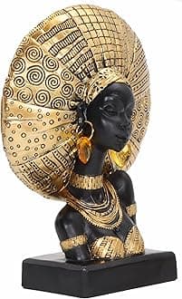 African Woman Statue with Gold Sunburst Headdress – Resin Figurine with Tribal Jewelry, Afrocentric Home Decor Accent, Cultural Sculpture Gift for Women