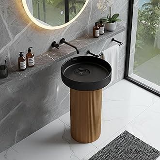 Plantex Acrylic Resin & Quartz Pedestal Basin for Bathroom/One Piece Pedestal Free Standing Round Wash Basin for living Room/Hotel (Black & Gold)
