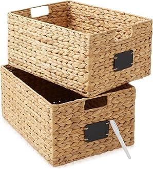 Casafield Set of 2 Water Hyacinth Pantry Baskets, 12-1/2" x 17" x 8", with Chalkboard Labels and Chalk Marker - Natural, Woven Storage Bin Organizers for Kitchen Shelves