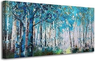 Ardemy Blue Wall Art for Living Room, Tree Canvas Forest Landscape Picture Modern Nature Painting Bedroom Artwork Textured Large Framed for Home Office Wall Decor, 40"x20"