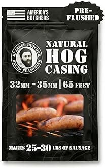 Bearded Butchers Natural Hog Casings 32-35mm – Pre-Flushed, Edible Sausage Casing for 25–30 lbs of Meat – Resealable Bag for Easy Storage – Bratwurst, Italian Sausage, Polish, Hot Dogs – Simply Soak & Stuff