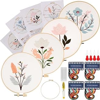 Maydear4 Packs Embroidery Starter Kit with Pattern, Stamped Cross Stitch Kits for Beginners Adults with Embroidery Hoop and Instructions, Hand Embroidery Kit (Four Flowers)