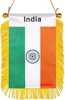 WXTWK 3 X 5 Inch India Flag Indian Window Hanging Flag Small Mini Car Flags Banners Rearview Mirror Decoration With Suction Cup Golden Fringy Banner