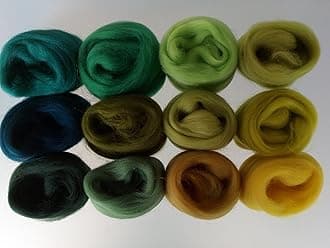 Assorted Colour Wool Sets* Pure Merino Wool for Needle and Wet Felting Wool Tops, Green Colours (Set L)