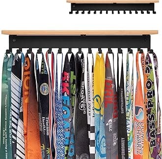 iBobbish Premium Trophy and Medal Display Shelf 16inchL,Metal Trophy Shelf with Hooks Upgraded,Large Bamboo Trophy Board Display,Sturdy Trophy Shelf with Hooks for Medals Metal Wall Mount Medals