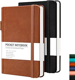 RETTACY Pocket Notebook, 2-Pack, A6 Mini Notebook Journal, Small Lined Notebook Journal with 160 Pages per Pack, Leather Hardcover, 100 GSM Paper, Inner Pocket, 3.5" × 5.5" (Black & Brown)