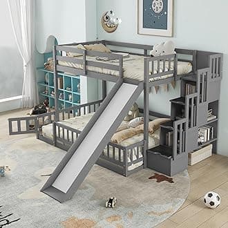 Twin Over Full Bunk Bed with Storage Stairs and Slide, Multifunction Wood Floor Bunk Bed with Safety Fence Guardrails and Door Design on Bottom Bed for Kids Girls Boys,Grey
