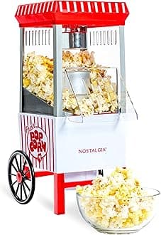 Nostalgia Vintage Hot-Air Popcorn Maker Machine - Makes Up to 12 Cups - Oil-Free - Healthier Popcorn - Classic Stand-Up Cart With Wheels - Includes Kernel Measuring Cup - White & Red