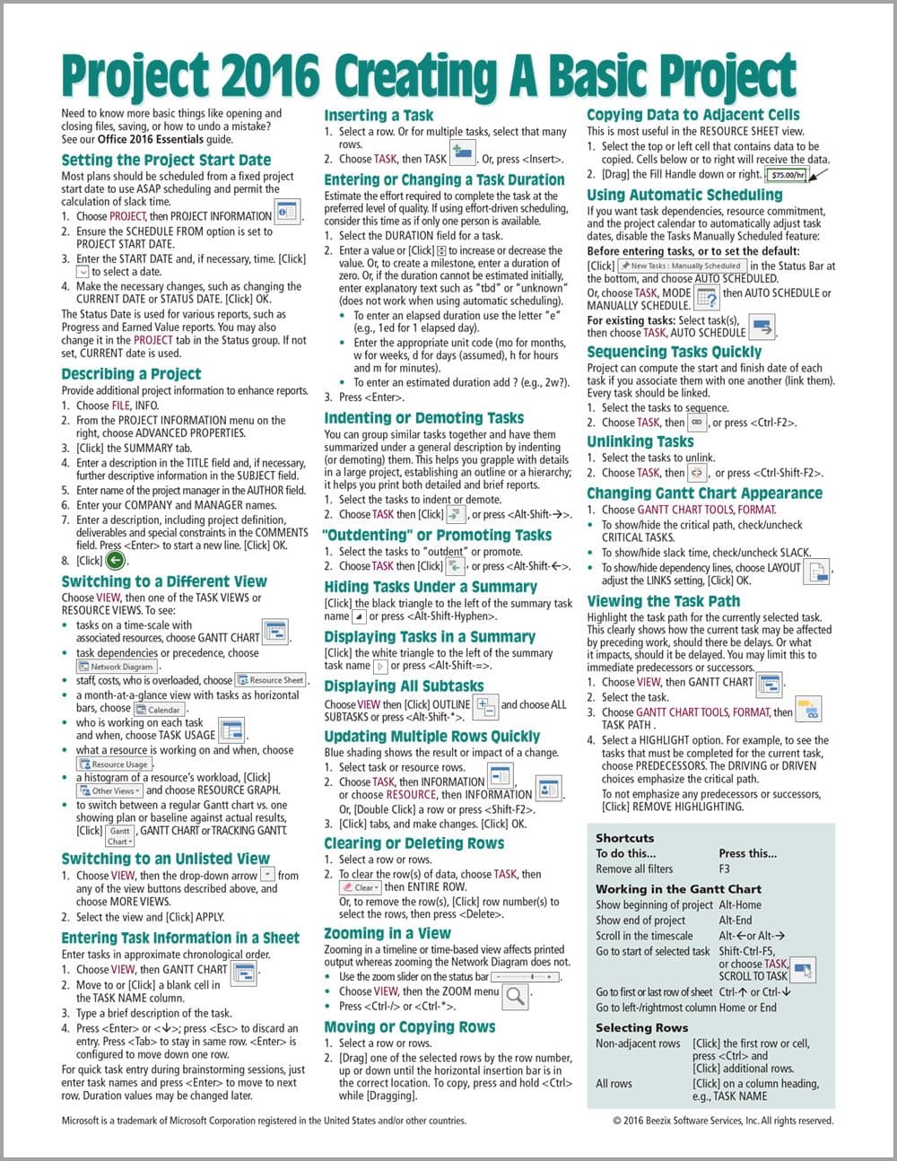 Microsoft Project 2016 Quick Reference Guide Creating a Basic Project - Windows Version (Cheat Sheet of Instructions, Tips & Shortcuts - Laminated Card)