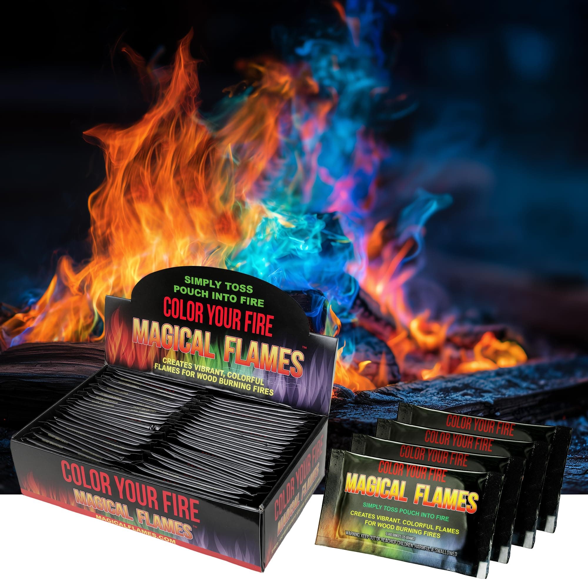 Magical Flames Fire Color Packets (50 Pack), Vibrant Multi-Color Fire for Fire Pits, Campfires, Bonfires & Fireplaces - Camping Essentials & Outdoor Party Accessories