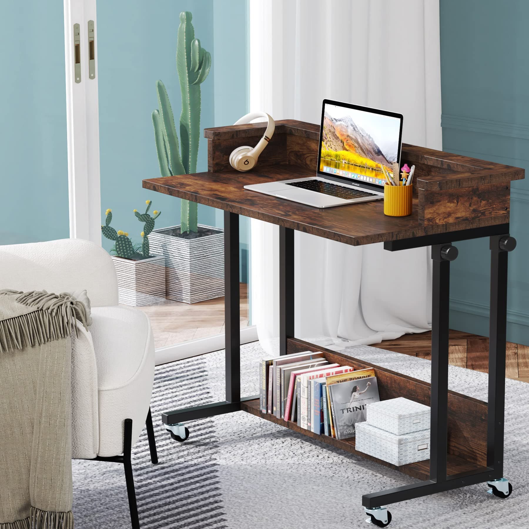 Tribesigns Portable Rolling Desk, Adjustable Height Couch Sofa Table with Shelf for Laptop, Mobile Laptop Computer Cart Standing Desk Bedside Table for Small Space Workstation
