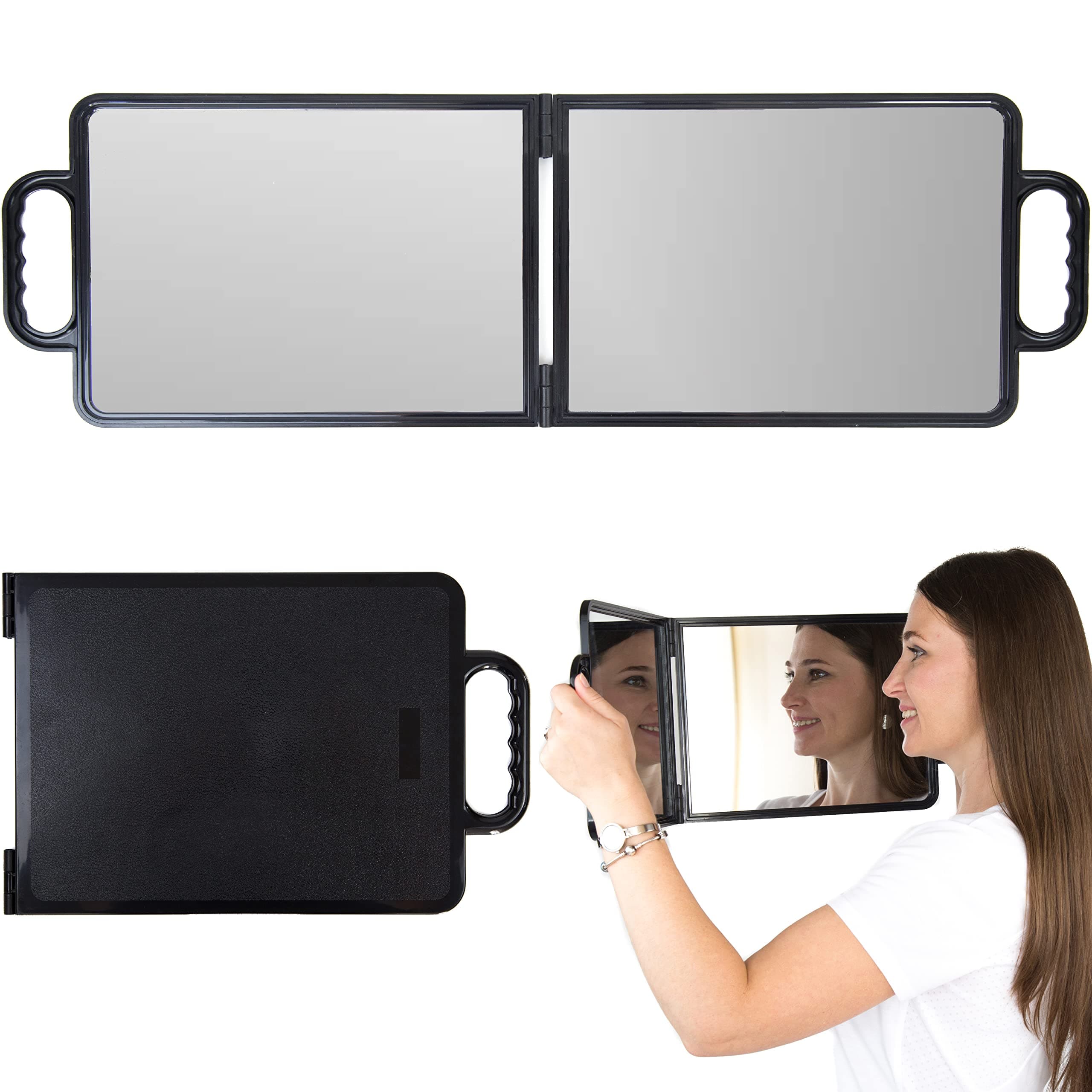 Salon Supply CoLarge Folding Mirror with Double Handle - Rectangular Folded Handheld Mirror with Handles - Haircut Mirror - Mirror