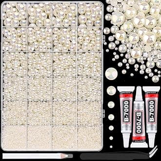 11000Pcs Flatback Pearls for Crafting (Beige AB), Assorted Size 2/3/4/5/6/8/10mm Half Pearl with 3Pcs 10ml B7000 Jewelry Glue, Bedazzling Bead for DIY Crafts Clothing Tumblers Shoes Nail Art