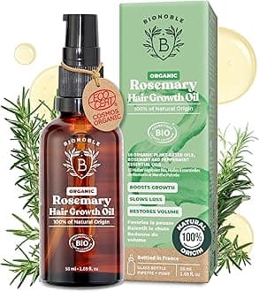 BIONOBLE Organic Rosemary Oil for Hair Growth - Slows Loss, Restores Volume, Nourishes the Scalp - Rosemary Hair Oil, Castor, Argan - 100% Natural and Vegan - Glass Bottle, Pipette, Pump - 50ml