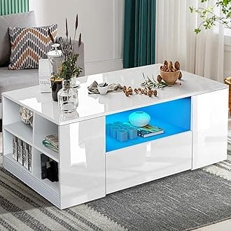 High Gloss Coffee Table, Coffee Table with Storage, White Coffee Table for Living Room with Led RGB Lights 2 Drawer Storage and Open Shelf Rectangle Centre Tea Table for Home Office Furniture