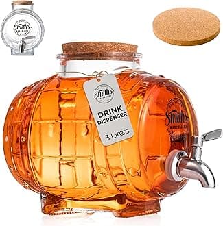 Smith’s 3L Glass Drink Dispenser with Stainless Steel Tap – Mason Jar Beverage Container with Cork Lid – Cold Drink Jug for Fridge, Juice, Kombucha, Water, Iced Tea