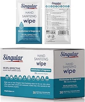 Hand Sanitizing Wipes Travel Size by Singular Wipes – 24ct Individually Wrapped | Fresh Citrus Scent, Moisturizing, 70% Alcohol Wipes | Travel, Office, School, Home | Made in USA