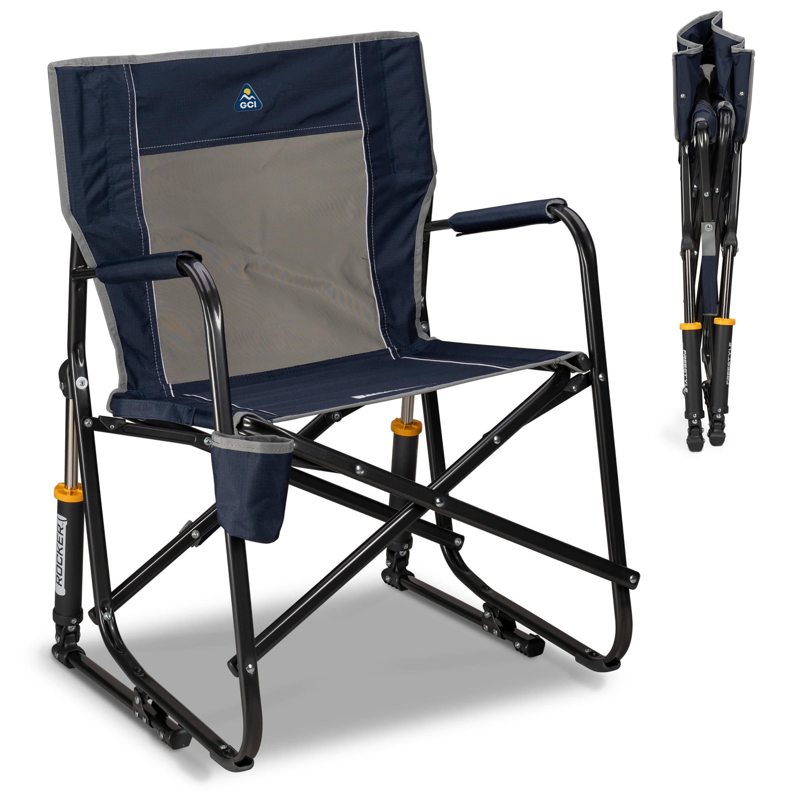 Freestyle Rocker Camping Chair | Portable Folding Rocking Chair with Solid, Durable Armrests, Drink Holder & Comfortable Backrest — Indigo Blue