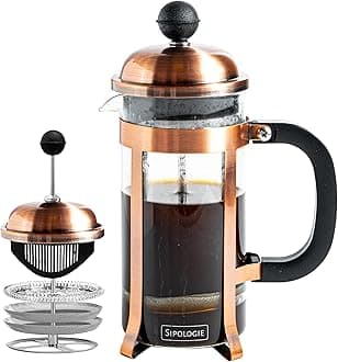 Sipologie Vintage French Press Coffee Maker 350ml, 4-Level Filtration System for Sediment-Free Coffee, Heat-Resistant Durable Borosilicate Glass, Copper