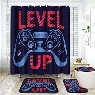 ArtSocket Fun Game Bathroom Set with Shower Curtain and Rugs Accessories, Computer Gamer Child Play Game Shower Curtain, Level Up Bathroom Decor 4 Pcs