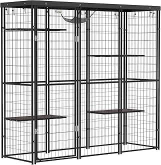 PawHut Catio Outdoor Cat Enclosure, Weld Wire Outdoor Cat House with Waterproof Cover, 4 Jumping Platforms, Hammock, Cat Cage Indoor for 1-3 Kittens, 69" x 22" x 62", Black
