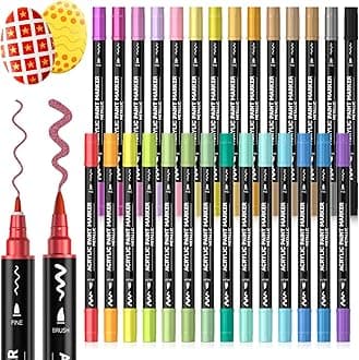 Shuttle Art Dual Tip Metallic Acrylic Paint Pens, 28 Colours Fine & Brush Paint Marker Pens, Paint Pens for Rock Painting, Ceramic, Wood, Fabric, Art Marker Pen Set for Adults on Christmas Easter