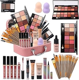 All In One Makeup Kit: 2x14 Eyeshadow Palette, Lip Gloss, Foundation, Mascara, Eyeliner, Contour Stick, Eyebrow Pencils, 20 Makeup Brushes - Pink