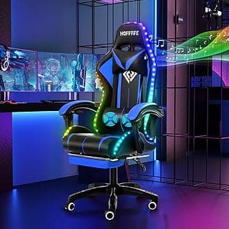 HOFFREE RGB Gaming Chair with Speakers Massage Computer Gaming Chair with LED Lights and Footrest High Back Video Game Chair for Adults Blue and Black