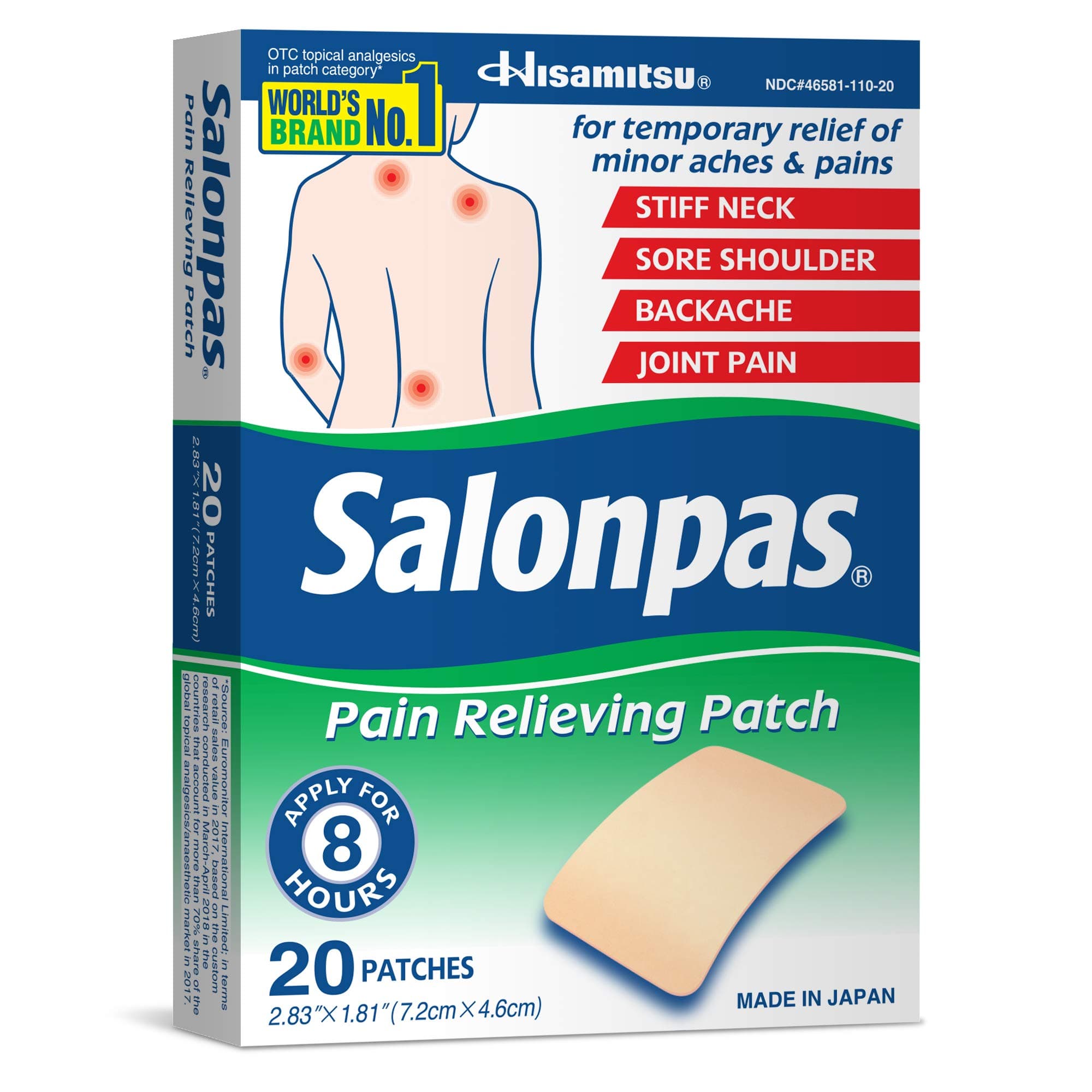 Pain Relieving Patch, 20 Count, for Back, Neck, Shoulder, Knee Pain and Muscle Soreness, 8 Hour Pain Relief