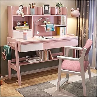 Kids Study Desk and Chair Set Multifunctional Solid Wood Desk for Kids Room 6-18 Height Adjustable Children School Study Desk with 0-60° Tilt Desktop, for Boys Girls (Color : Pink, Size : 100x60x130